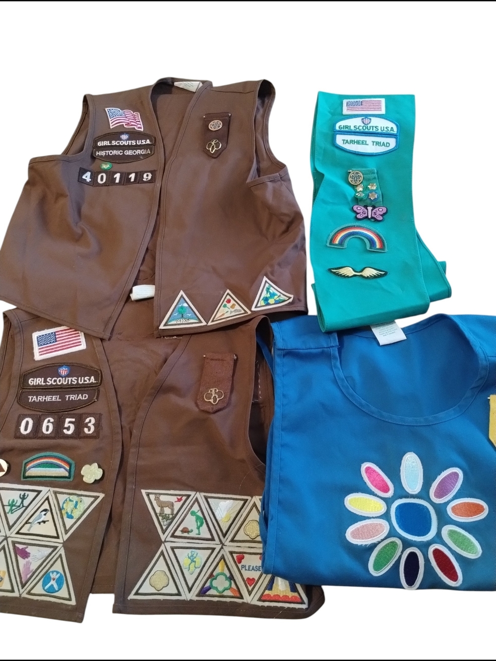 Girl Scout Collection Lot. Vests, Patches, & Pins
